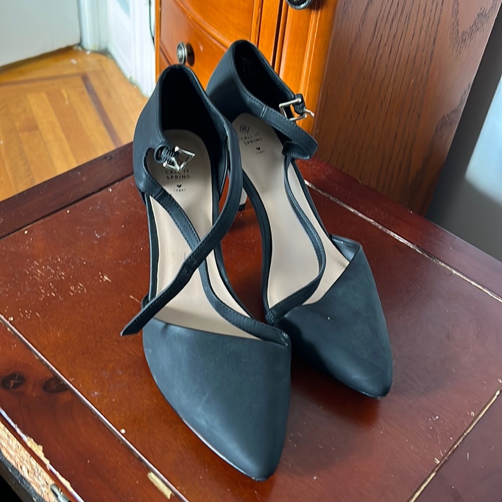 Matte black high heel with pointed toe, size 8